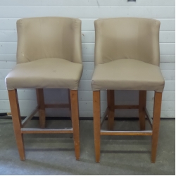 Set of Tan Leather Bar Stools w Wooden Legs